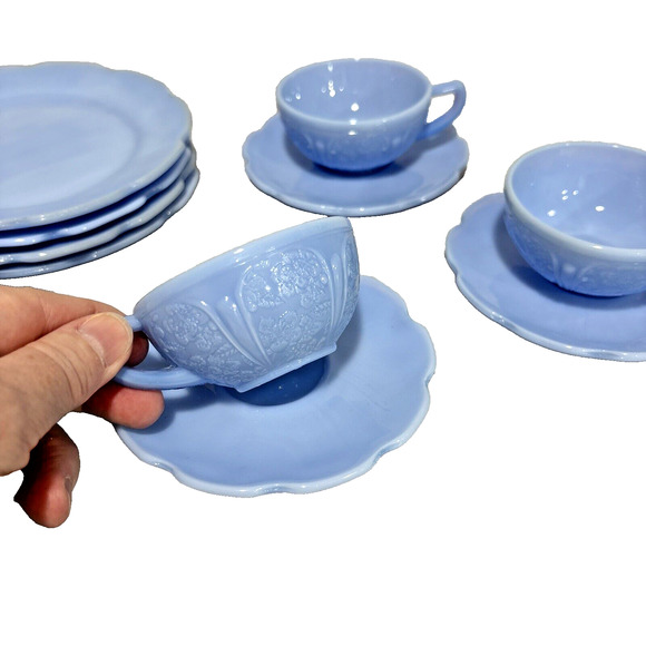 Delphite Blue Jeannette Child's Tea Set Cups Saucers Creamer Plates Lot 12 PCS - Picture 10 of 15